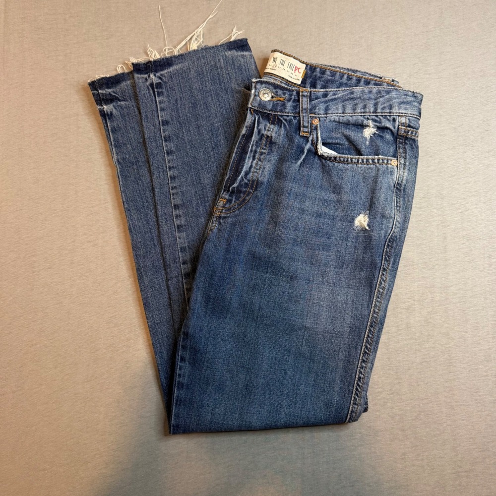 We The Free Free People Distressed Straight Leg Jeans Blue 26 Raw Hem Cotton